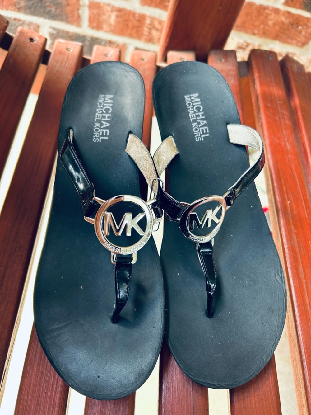 Michael Kors Black and Silver Wedge Sandal Slide Size9